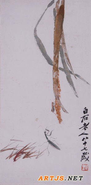 齐白石《稻穗草虫》68X33cm