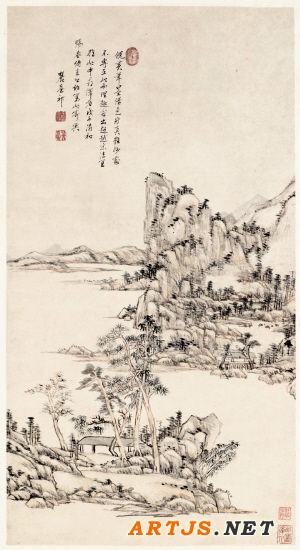 王原祁《仿倪黄山水图》局部，作于1708年