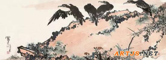 lot 8025 鹰石图 潘天寿 镜片 设色纸本 110×300cm